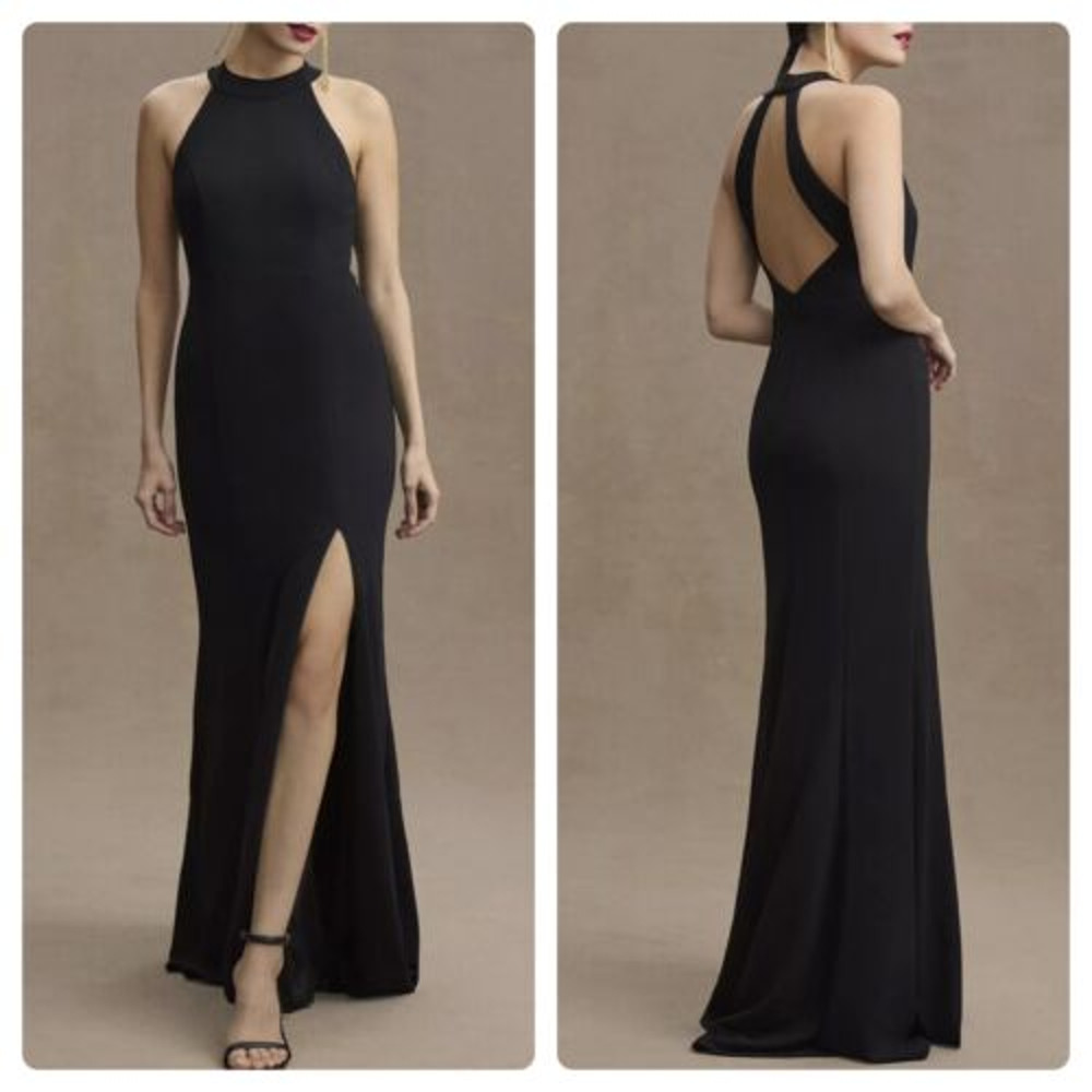 $220 BHLDN Lennox Halter Open Back Side Slit Crepe Gown in Black 12 NEW